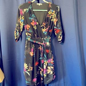 DR2 Black Flower Mini Dress 3/4 Sheer Sleeves